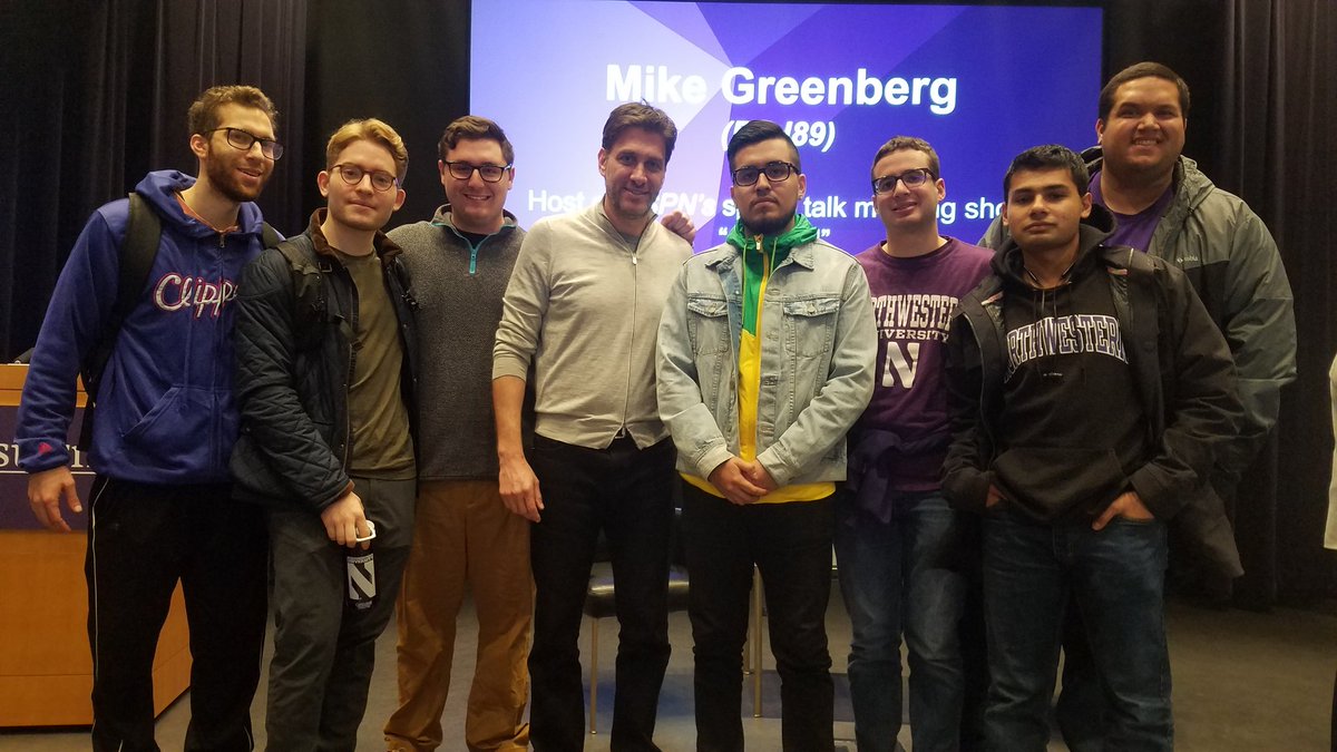 Enjoyed having the opportunity to hear <a href="/Espngreeny/">Mike Greenberg</a> speak yesterday. Watching the video of his last talk #AtMedill helped convince me to come to Northwestern for grad school. Also, a special thanks to <a href="/AWSM_NU/">Northwestern AWSM</a> for hosting the event.