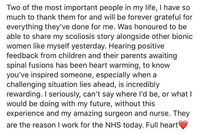 CHSpine's tweet photo. Lovely message from Sam posted on the @SouthTees #scoliosis Facebook support group below after last week's 'Back Together Again!' 2018 event. Good luck with your future career - your experience and resulting empathy will benefit all those you care for. https://t.co/dAv5363j28