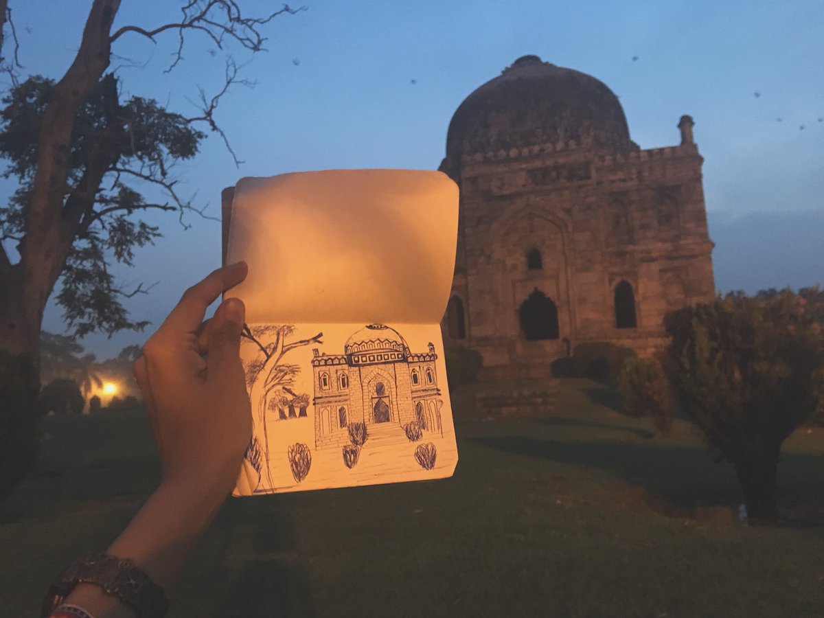 A thread of all the wobbly pen drawings I make when I go around Delhi. This is Shish Gumbad at Lodhi Garden.