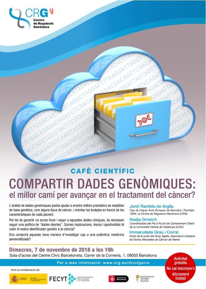 CarlosSierr2912's tweet photo. Quieres saber como el #OpenData puede ayudar para avanzar en el tratamiento de #enfermedades? Pues no te pierdas este miércoles el #CRGCafe a las 19:00 en C C Barceloneta @CRGenomica @Grup_Agata @UOCuniversidad @EGAarchive  @FECYT_Ciencia @the_prbb @bcn_ajuntament https://t.co/fRPnuSxYR3