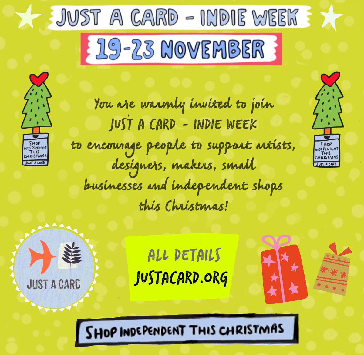 Can we get 100 Retweets?!

Come on folks - We NEED to encourage people to buy from Artists, Designers, small business &amp; independent shops this Christmas!

Buy something special - sold with love &amp; passion. 

SHOP INDEPENDENT 

Instagram.com/Justacard

facebook.com/45562857780246…