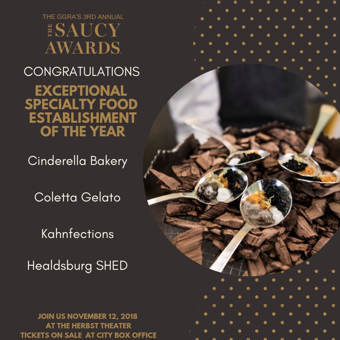 Congratulations to the #SaucyAwards nominees for Specialty Establishment of the Year: <a href="/russianbakery/">Cinderella Bakery</a>, @colettagelato, <a href="/kahnfections/">Kahnfections</a>,&amp; @healdsburgshed

Thank you <a href="/GreenLeaf_SF/">GreenLeaf</a> for presenting this award!

Buy your #Saucys18 tickets here: bit.ly/2SuiA3C