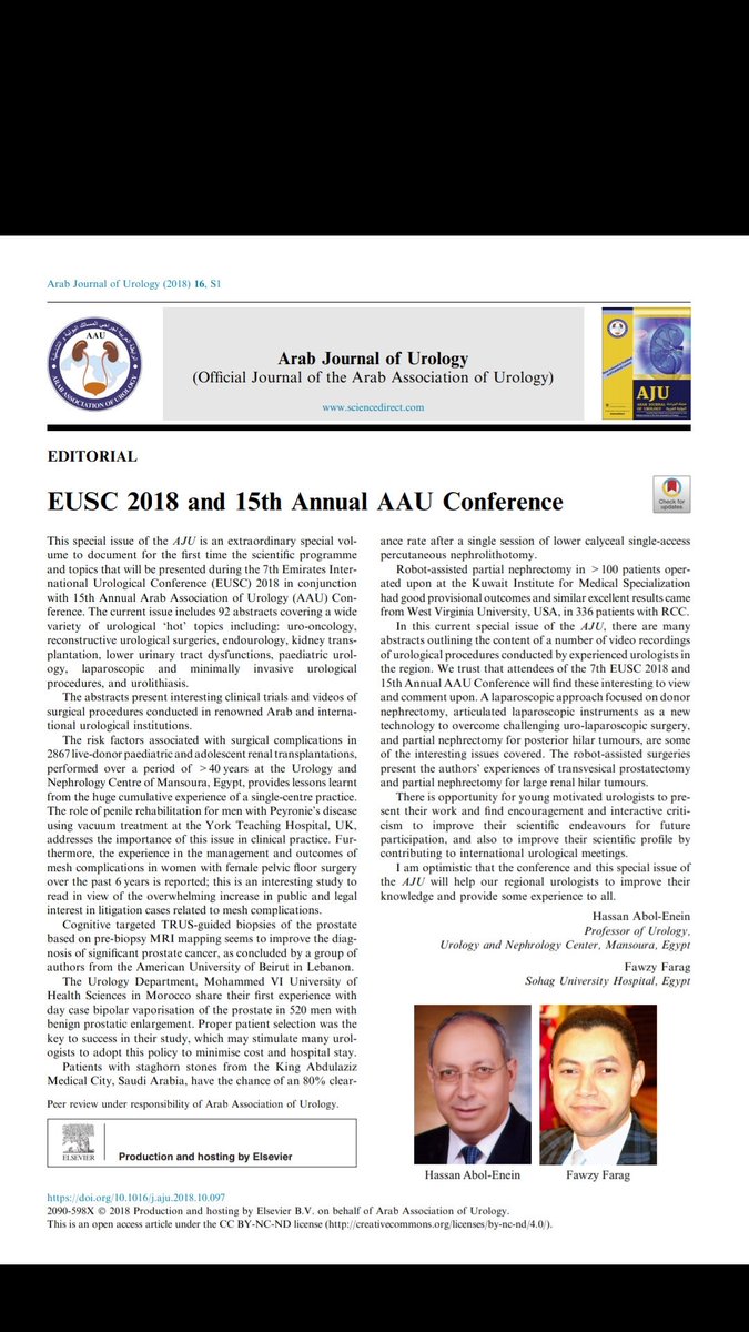 Abstracts of EUSC 2018 and 15th Annual AAU Conference are now available on line as a supplement of Arab Journal of Urology, it is now available through science direct, pub Med and pub Med central
drive.google.com/file/d/1Y8yyaI…
