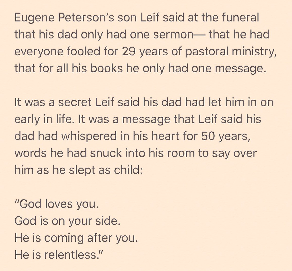 gpackiam's tweet image. I broke down at wept during this moment (among others) of Eugene Peterson’s funeral yesterday. I have parents who have whispered this message in my heart, and I hope to be one who whispers it to the hearts of others.