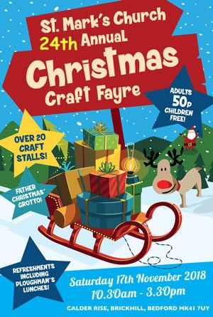 St Marks 24th Annual Christmas Craft Fayre is on Sat 17 Nov 2018 from 10.30am-3.30pm. Over 20 craft stalls and meet Father Christmas. All welcome :)