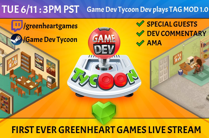 GreenheartGames's tweet photo. Heya, We'll try our hands at live streaming 😲 Join us for our very first @GreenheartGames stream on Tuesday 6/11 at 3PM PST:

https://t.co/h2jHx4WKAN
https://t.co/iNtPB4Zg5L

Featuring a nervous @PatrickKlug and introducing @BellwoodStudios' amazing TAG mod for Game Dev Tycoon. https://t.co/Y3zBCljM4r