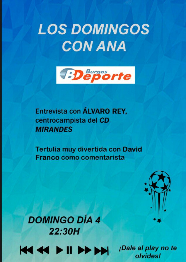 DomingosconAna's tweet photo. Esta noche tenemos con nosotros en el programa al centrocampista @alvarogrey del @CDMirandes.
 Os esperamos a todos a las 22:30h en @BurgosDeporte ⚽ https://t.co/mNKcrYskDp