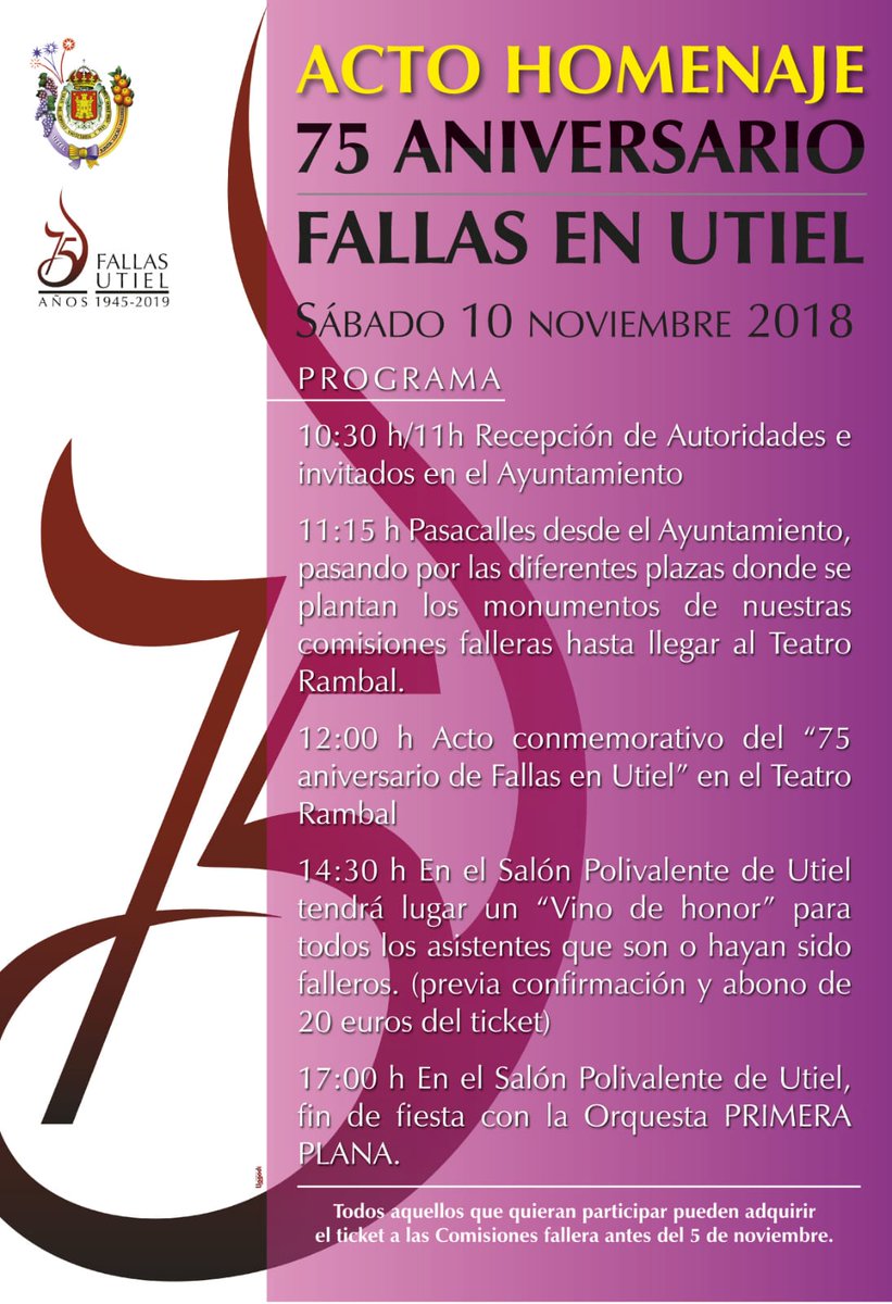 FallaErasUtiel's tweet photo. Próximo sábado.... UTIEL se viste de fallas!!! 75 Aniversario de Fallas en Utiel. #utiel #10noviembre #fallasUtiel https://t.co/c4RcxmTkDc