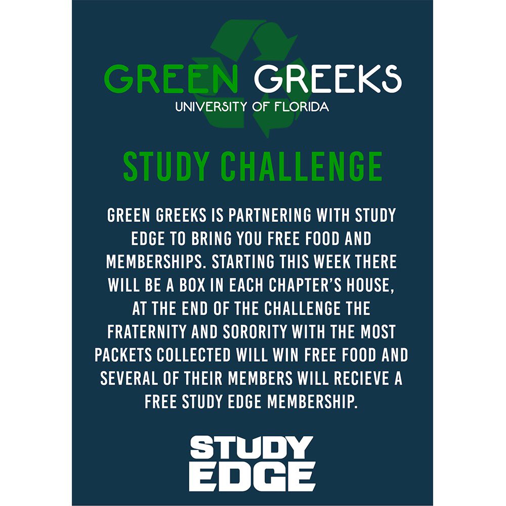 UF_GreenGreeks's tweet image. Everyone find your old Study Edge packets! Each packet you turn in increases your chances of winning. Challenge starts Friday.