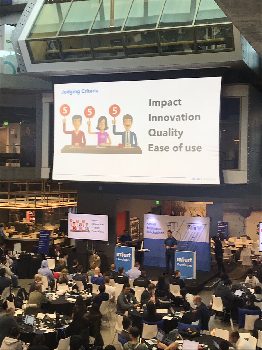 #Smallbizhack pitching has started. Excited to see who wins $5000. Check out our judging criteria. <a href="/IntuitDev/">Intuit Developer</a>
