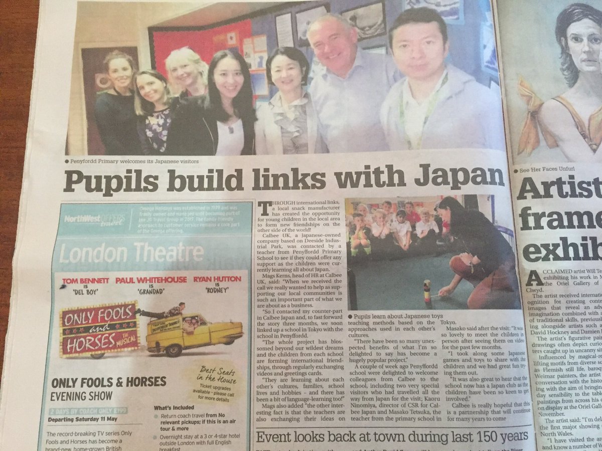 Mags_HR's tweet photo. Great to see some press coverage of the links we have created at @CalbeeUK between school children in @YsgolPenyffordd near our Deeside factory and youngsters in Tokyo. “Read all about it” (as they say!!). #CommunityEngagement #schools #snacks https://t.co/fz8Y1mthFf