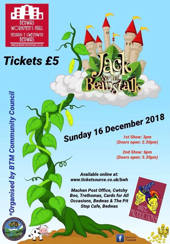 Cllr Amanda McConnell (@mcconamanda) on Twitter photo The Christmas countdown has begun....... <a href="/wizeproductions/">Wize Productions</a> will be back in the #BTMarea with "Jack & The Beanstalk" <a href="/BedwasHall/">Bedwas Workmen’s Hall & Institute</a>⛄️🎅🤶🏽🎄
Tickets : £5.00 each
ticketsource.co.uk/bwh
Community Event - all ticket sales to cover the cost of the production.
#NotToBeMissed The Christmas countdown has begun....... <a href="/wizeproductions/">Wize Productions</a> will be back in the #BTMarea with "Jack & The Beanstalk" <a href="/BedwasHall/">Bedwas Workmen’s Hall & Institute</a>⛄️🎅🤶🏽🎄
Tickets : £5.00 each
ticketsource.co.uk/bwh
Community Event - all ticket sales to cover the cost of the production.
#NotToBeMissed