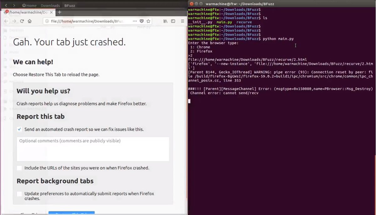 BFuzz - Fuzzing Browsers (Chrome & Firefox) j.mp/2zuveH8 #Automation #BFuzz #Browsers #BufferOverflow #Chrome #Crashes #Firefox