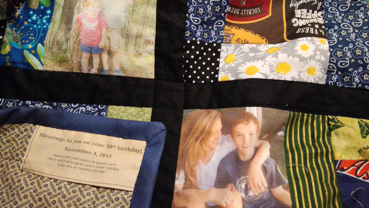 Ms_Gazella's tweet photo. My sister hits the half-century mark today! I got out the ol' sewing machine again and put together a quilt with 50 different fabrics, plus photos of the important people (and pets!) in her life. Happy 50th,  Martha Elizabeth Gazella-Taylor! 🎂 https://t.co/0bYElAuxaS