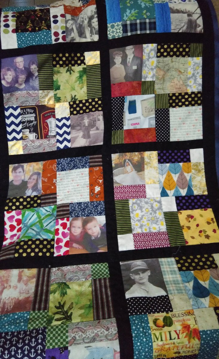Ms_Gazella's tweet photo. My sister hits the half-century mark today! I got out the ol' sewing machine again and put together a quilt with 50 different fabrics, plus photos of the important people (and pets!) in her life. Happy 50th,  Martha Elizabeth Gazella-Taylor! 🎂 https://t.co/0bYElAuxaS