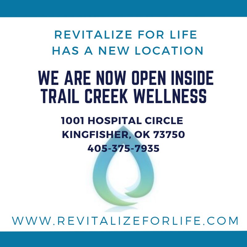 revitalize405's tweet photo. Revitalize For Life has a new location! We are now open inside Trail Creek Wellness located at 1001 Hospital Circle Kingfisher, OK 73750. Call and talk with one of our health and wellness experts at 405-375-7935 and find out how IV therapy can keep you looking and feeling great! https://t.co/Kbi635NaEw