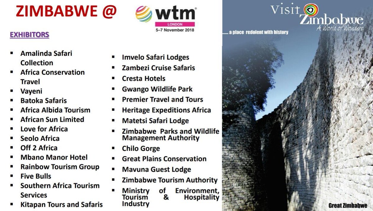 #Zim is participating at the renowned #WTMLDN @WTM_London. Minister P Mupfumira is leading a strong & determined tourism contingent, promoting & aiming for great business for #DestinationZimbabwe. Do visit #Zimbabwe at stand AF560 in #Africa Hall.#WTM2018 #VisitZimbabwe