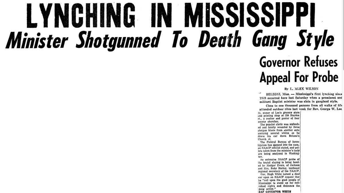 Reverend George Lee in Belzoni, Mississippi, used his pulpit and his printing press to encourage African Americans to register to vote. For his troubles, he was assassinated by three men with shotguns in May 1955.