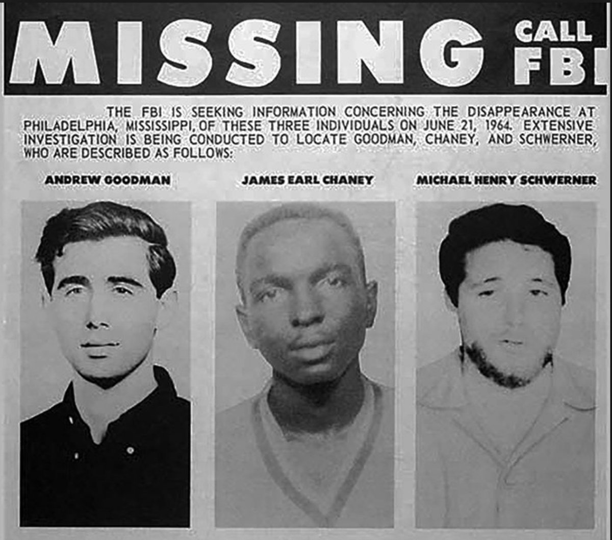 Most famously, in the summer of 1964, three voting rights activists -- James Chaney, Andrew Goodman, and Mickey Schwerner -- were detained by cops and then murdered by Klansmen in Philadelphia, Mississippi.