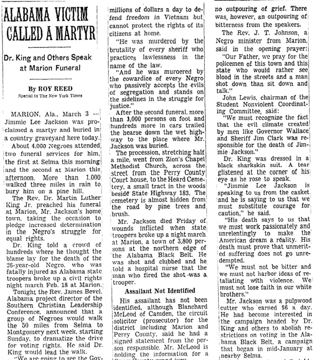 The next year, during the climactic voting rights protests in Selma, 26-year-old Jimmie Lee Jackson was beaten and shot by Alabama state troopers in February 1965. He died soon after.