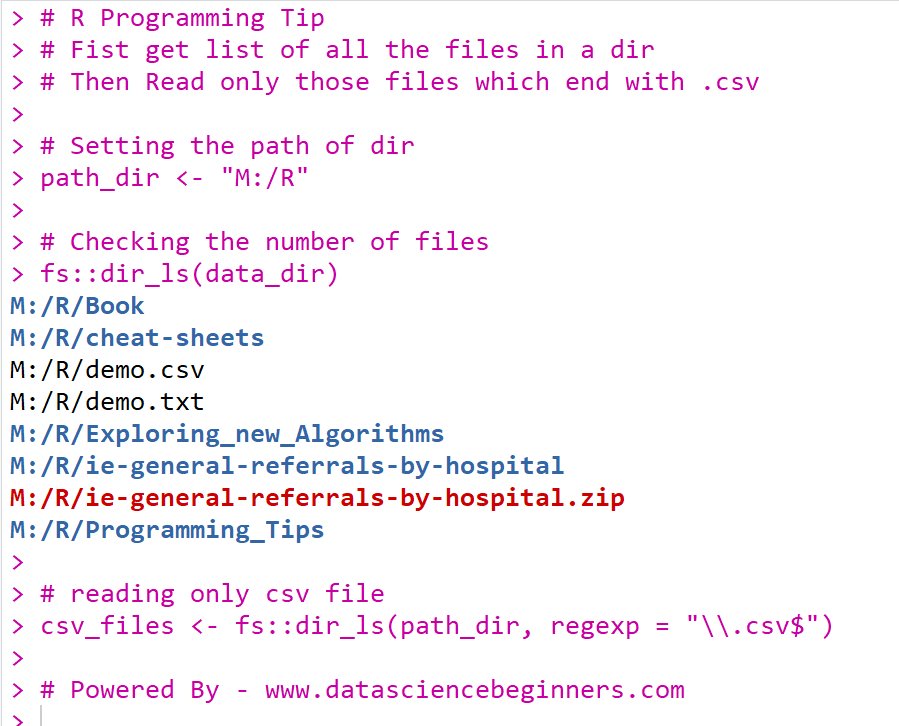 DataScience86's tweet image. #rprogramming #tips - Learn how to read only the csv files from a directory using dir_ls() function from {fs} package. #datasciencebeginners #rstudio #mahcinelearning #trick #happylearning
powered by - datasciencebeginners.com 
Please do Retweet if you like this tip
