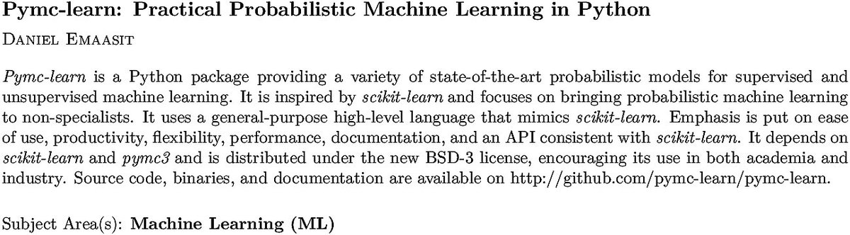 arXiv_stat_ML's tweet image. arxiv.org/abs/1811.00542…
D Emaasit
Pymc-learn: Practical Probabilistic Machine Learning in Python