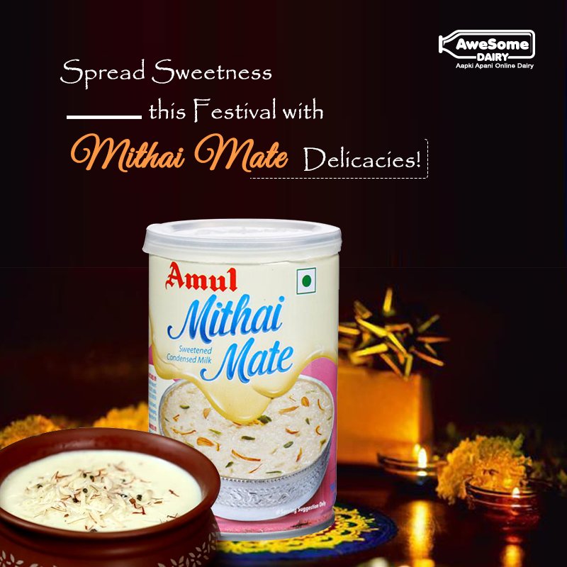 Buy Amul Mithai Mate Sweetened Condensed Milk for Rs.52 online only at Awesome Dairy.
buff.ly/2JwnHwi
#AwespmeDairy #MithaiMate #Sweets #Diwali #Offer