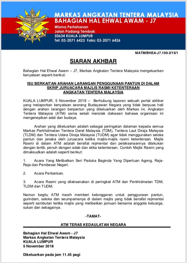 Mindef Malaysia On Twitter Siaran Akhbar Isu Berkaitan Arahan Larangan Penggunaan Pantun Di Dalam Skrip Juruacara Majlis Rasmi Ketenteraan Angkatan Tentera Malaysia Mindefmalaysia Https T Co Hfws6ine4t Twitter