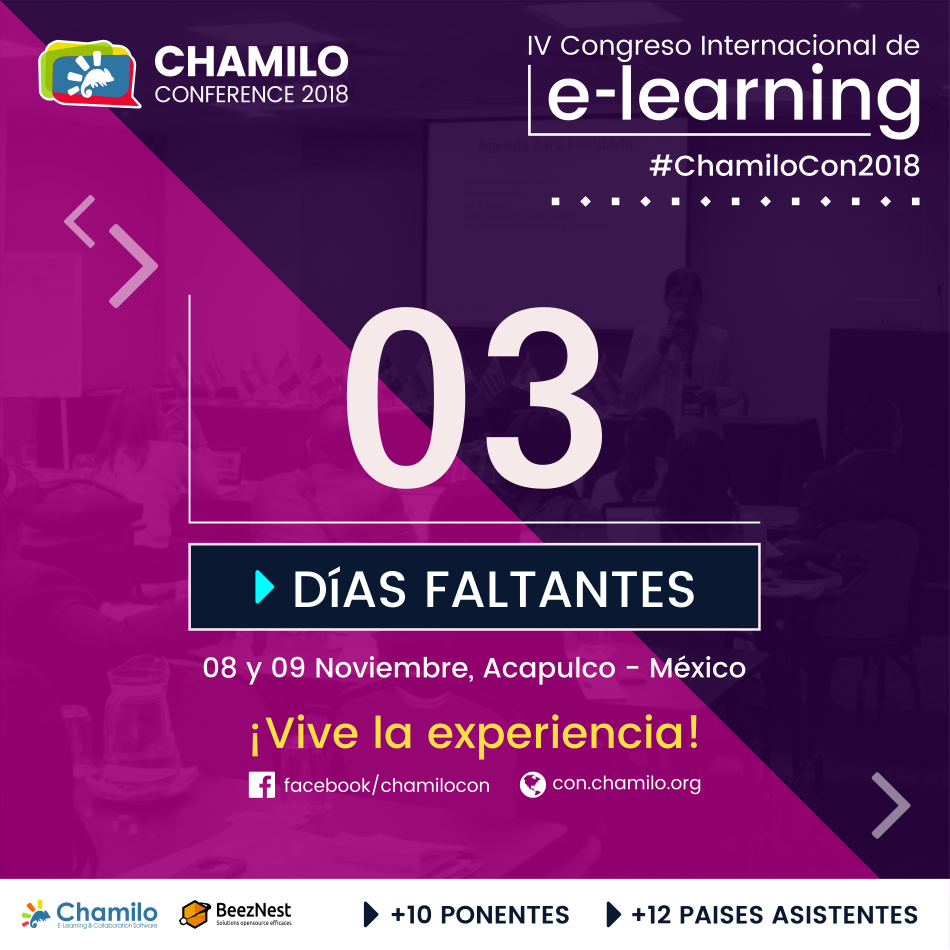 ChamilaAI's tweet photo. 🕗 CUENTA REGRESIVA ¡Vamos a #ChamiloCon Acapulco - México! ¡Inscríbete Hoy! ➡️ https://t.co/YDnWGexUZi #congreso #elearning. Diamond Sponsor @beeznestla @chamilonoticias @ywarnier @michela85 https://t.co/NUfLWXsJDP