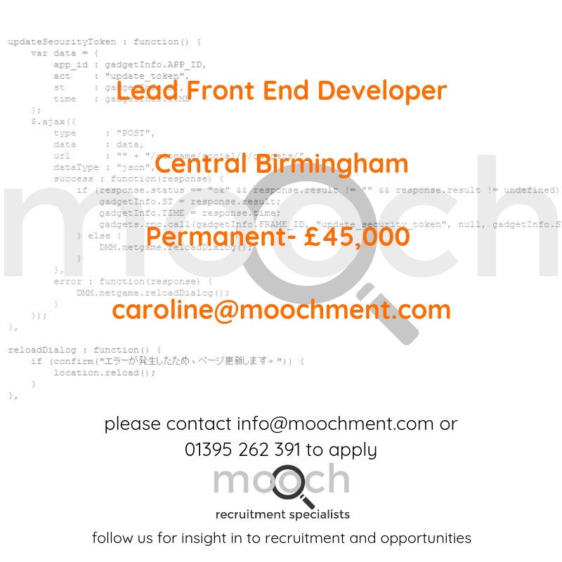 Moochment's tweet image. Make yourself known to Caroline Strange if you or you know of someone who may be interested in the new role below on this beautiful Monday morning. #Birmingham #jobsearch #develper #javascript #reactjs