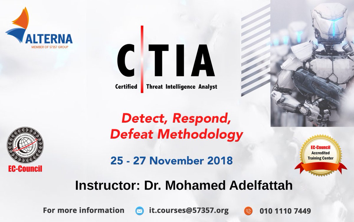 alterna_eg's tweet photo. #Certified #Threat #Intelligence #Analyst (C|TIA) is a training and credentialing program designed in collaboration with threat intelligence experts to help organizations identify and mitigate risks.
The course: https://t.co/9ErW7iErUs
The trainer: https://t.co/7uWfi2Vr4W https://t.co/85t1XBfUBM