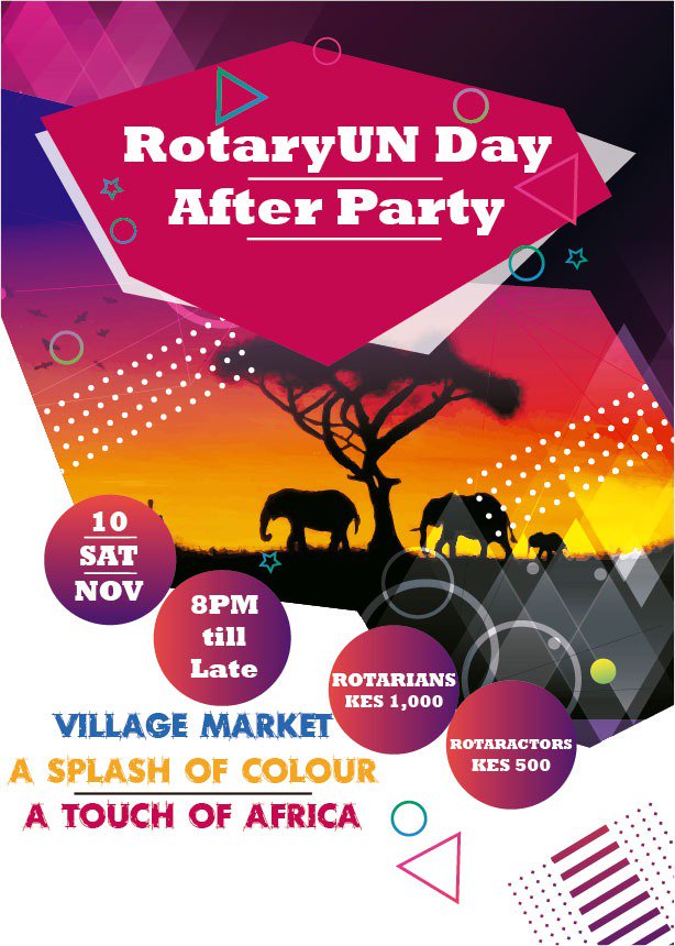 rotaract254's tweet photo. The #RotaryUNDay #AfterParty shall be happening at the @VillageMarket this Saturday, 10th Nov. from 8:00 P.M.

Tickets are available online via https://t.co/xpYqGUG5ZL

Buy yours and your friend's 'cause what are friends for? We'll party with @Rotary's President @RotaryRassin https://t.co/YmF4UyNb4H