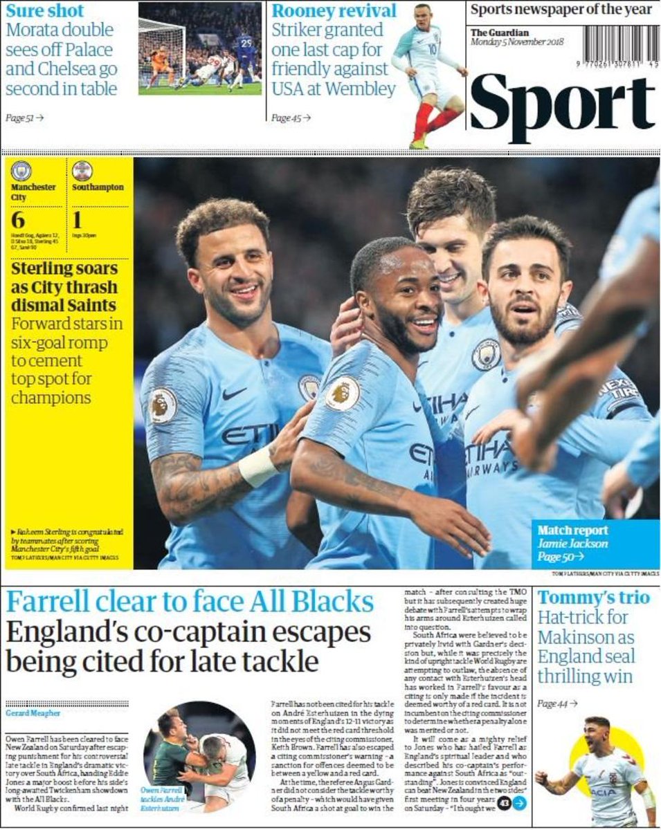 BBCRMsport's tweet photo. 🗞️ MONDAY BACK PAGES: 

"Incredible"
"Ster Crazy"
"Sterling Soars"

The newspapers are full of praise for Raheem Sterling after he scores twice in #ManCity's 6-1 win over Southampton.

👉 Gossip: https://t.co/wudMcpjpIi https://t.co/9wFVXdffhK