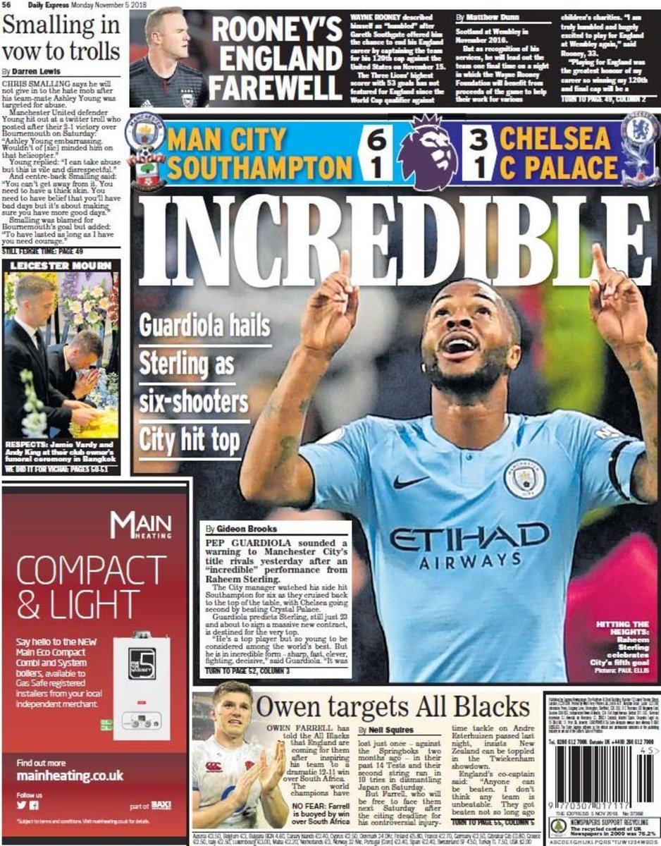 🗞️ MONDAY BACK PAGES: 

"Incredible"
"Ster Crazy"
"Sterling Soars"

The newspapers are full of praise for Raheem Sterling after he scores twice in #ManCity's 6-1 win over Southampton.

👉 Gossip: bbc.in/2BFQwEx