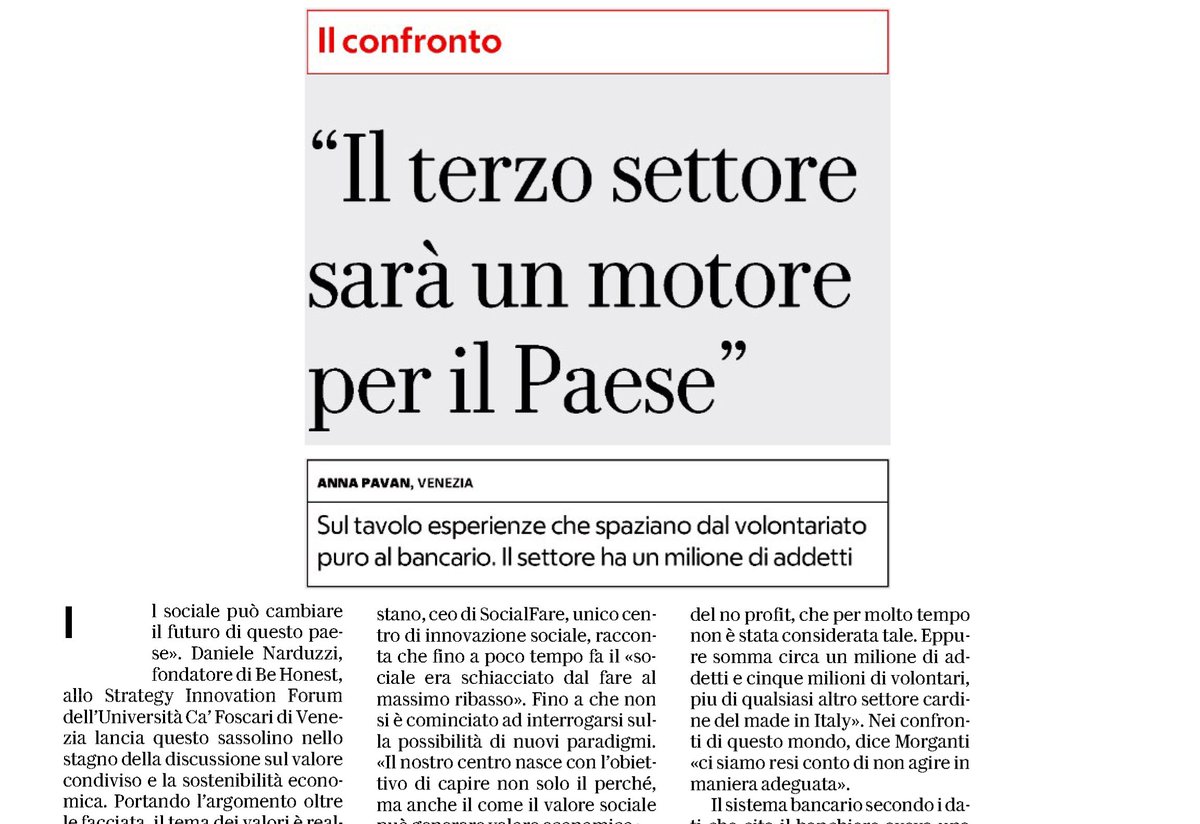 Su <a href="/RepubblicaAF/">Repubblica Affari&Finanza</a> 'Il #terzosettore sarà un motore per il Paese' <a href="/Sif_2018/">Sif</a> <a href="/CaFoscari/">Università Ca' Foscari Venezia</a> @lauraorestano <a href="/SocialFareCSI/">SocialFare</a> <a href="/Albertobaban/">Alberto Baban</a> @SpaVnw <a href="/KPMG_Italy/">KPMG Italy</a> <a href="/SharpBusinessIT/">SharpBusinessItalia</a> <a href="/ca_tenchini/">Carlo A. Tenchini</a> <a href="/at_maw/">MAW Men At Work</a> #innovazione <a href="/statigreen/">Stati Green Economy</a> <a href="/HUMANFdn/">Human Foundation</a> @bancaetica