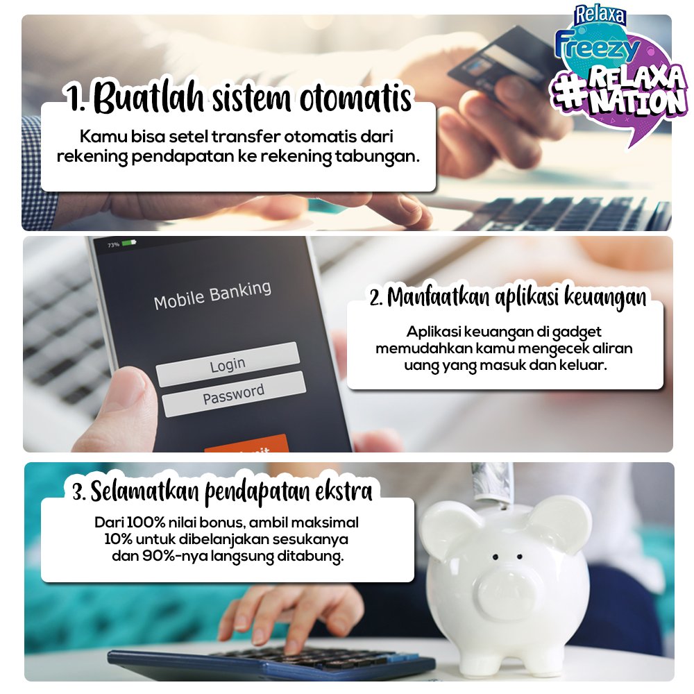 RelaxaID's tweet photo. Bosan gak sih kamu ngeliat isi saldo puluhan ribu setiap akhir bulan? Nah, mumpung masih awal bulan nih, yuk atur pengeluaran kamu dengan tips berikut. #RelaxaNation https://t.co/mE25kd5kiP