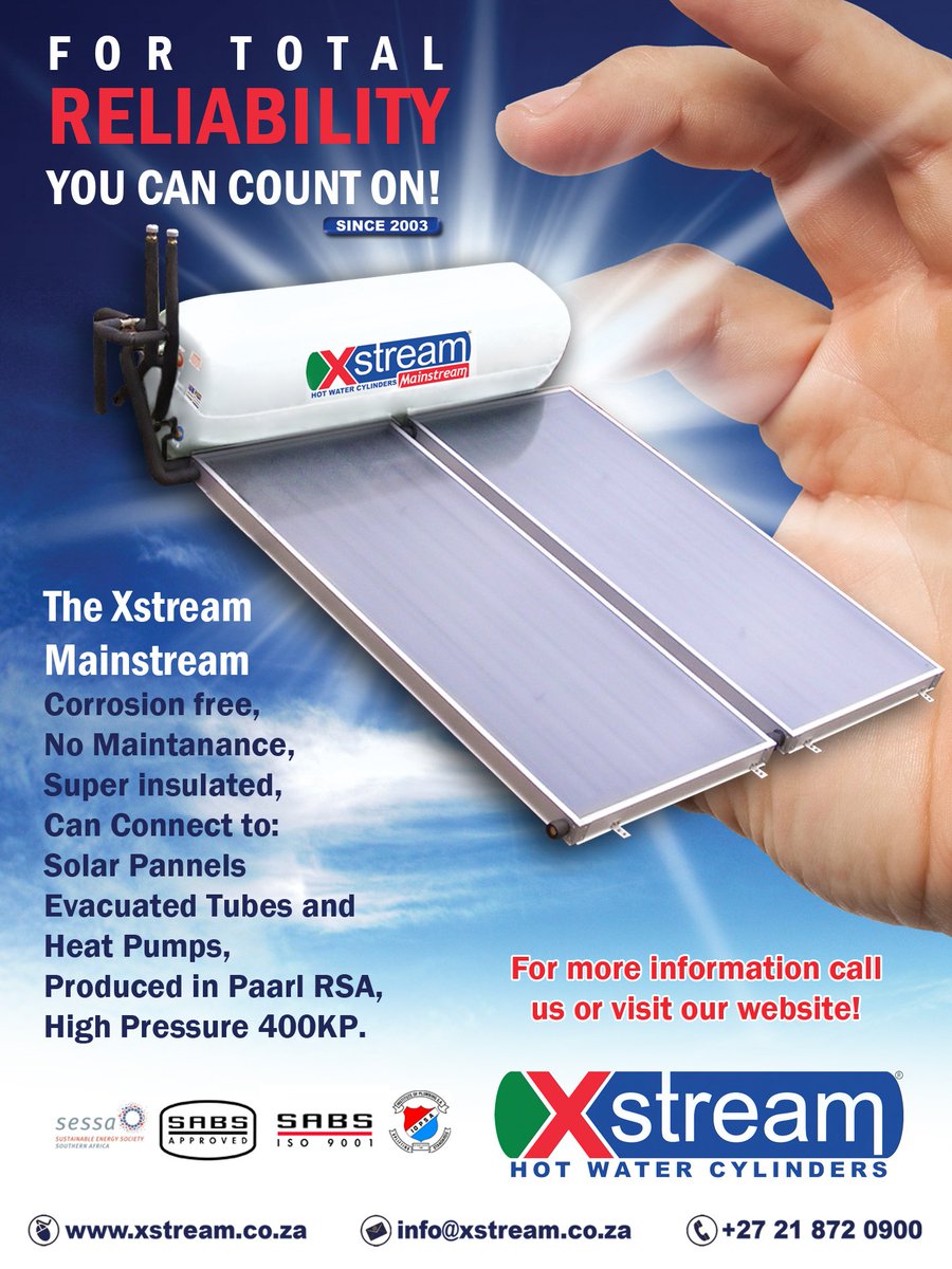 XstreamHWC's tweet image. The Xstream Mainstream.

#XSTREAMGEYSERS
#NOCORROSION
#TOTALRELIABILITY
#SOLARGEYSER
#GOSOLAR

Contact us on 021 872 0900 or visit our website xstream.co.za for more information.