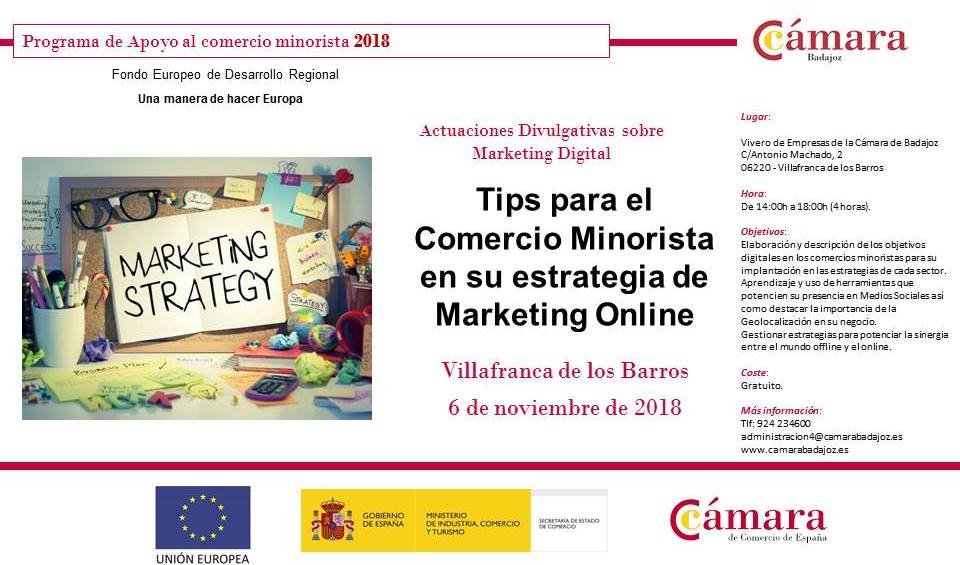 📌Jornada➡Tips para el #Comercio Minorista en su estrategia de #MarketingOnline. En #VillafrancaDeLosBarros el 6 de noviembre: ow.ly/CAIF30mrsz8  #PCM #FEDER