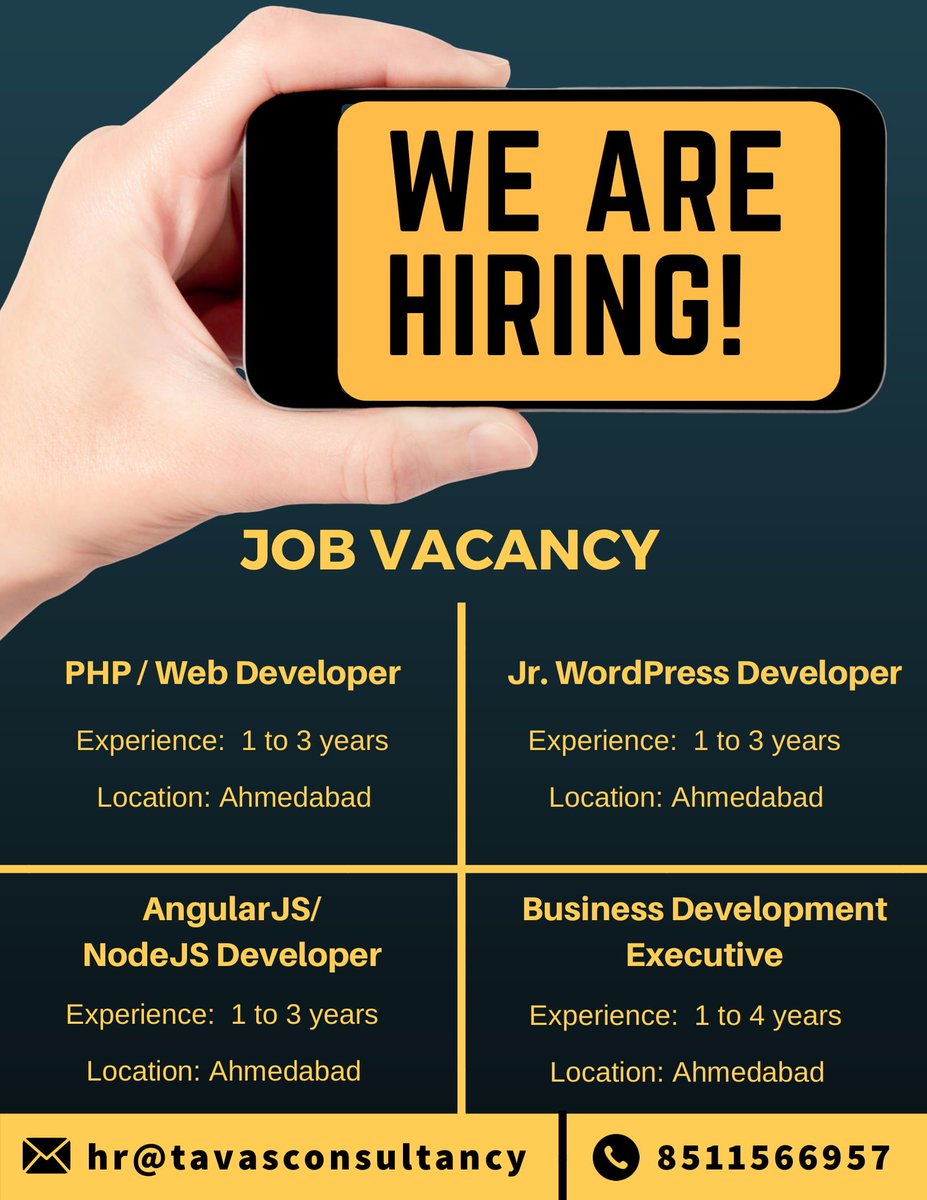 TavatConsultant's tweet image. We are #urgently looking for following #job_vacancies.
#PHP_Web _Developer #jr_Wrodpress_Developer #AngularJS_NodeJS_Developer
#BDE ( #IT_Industry ) Share your #Resume at hr@tavasconsultancy.com
#JobConsultancy
#JobRecruitmentAgency
#EmploymentConsultant
#TavasConsultancy