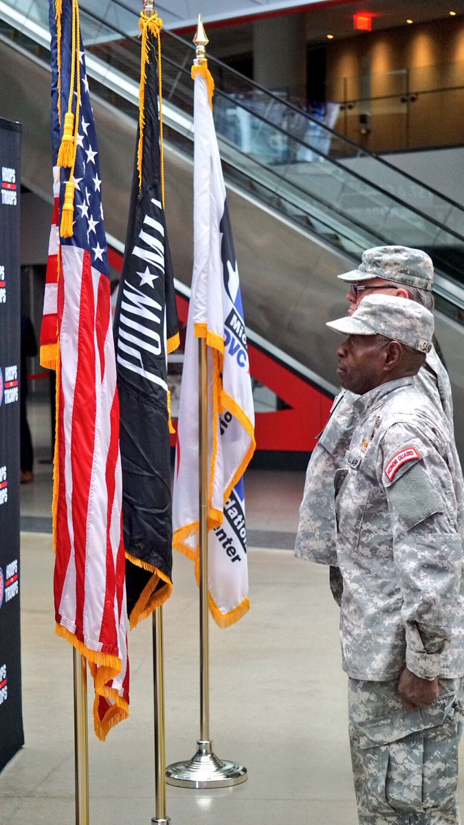 DetroitPistons's tweet photo. We begin our #PistonsHoopsForTroops career fair for veterans and military personnel with the presentation of colors. https://t.co/b1bSJ2pCz5