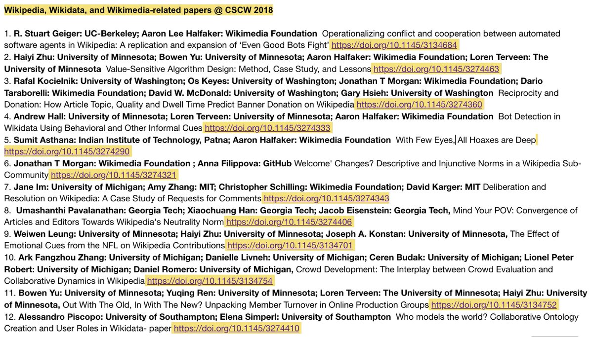 12 papers on <a href="/Wikipedia/">Wikipedia</a>, @Wikidata, and other Wikimedia projects will be presented this year at #CSCW2018. 

Check them out: etherpad.wikimedia.org/p/CSCW18