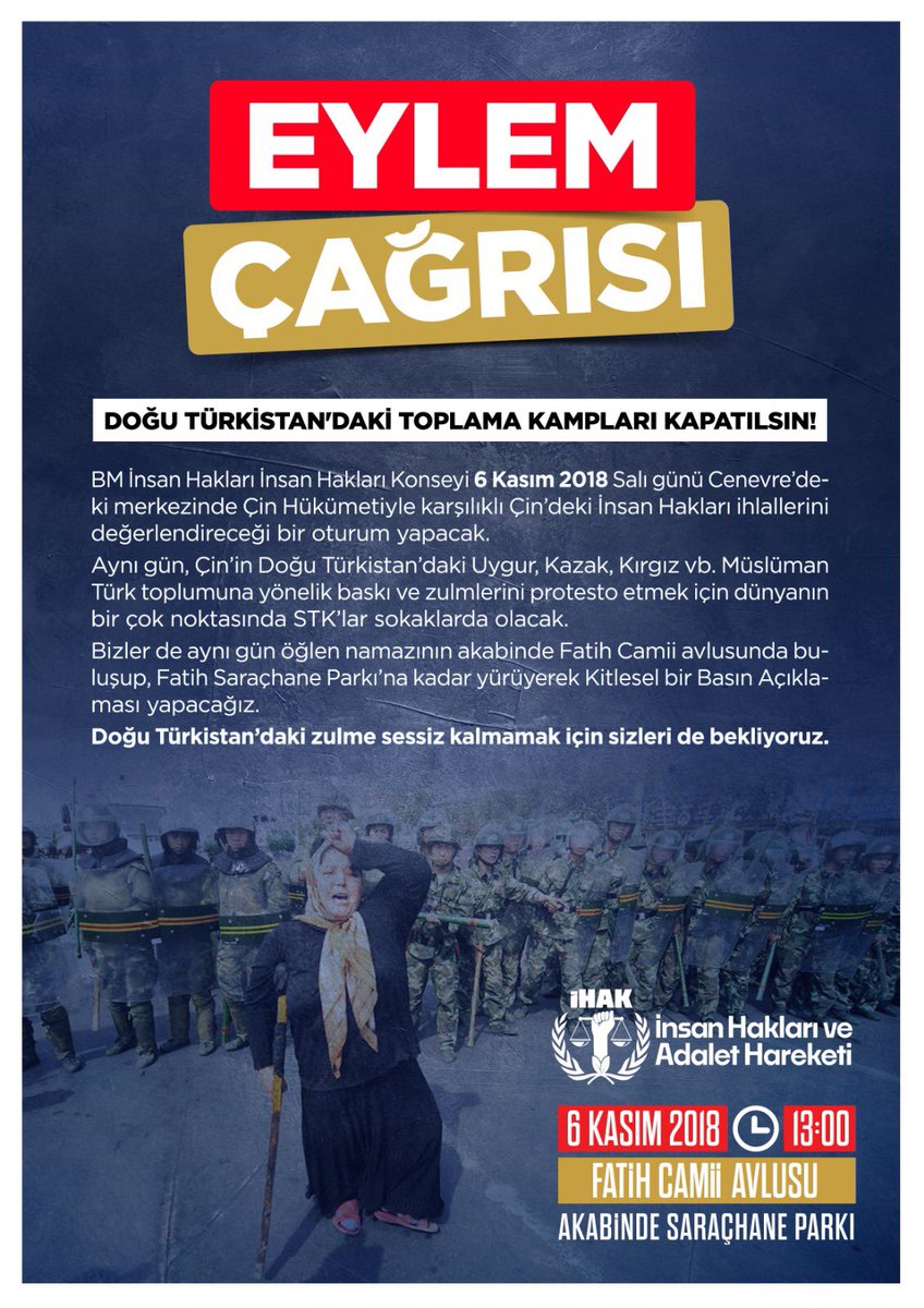 Doğu Türkistan'daki zulme sessiz kalma! 6 Kasım Salı (Yarın) saat 13:00'da Fatih Camiinde buluşup, Saraçhane Parkına yürüyoruz. Kitlesel Basın açıklamasının yapılacağı ''Doğu Türkistandaki Toplama Kampları kapatılsın'' yürüyüşüne davetlisiniz.