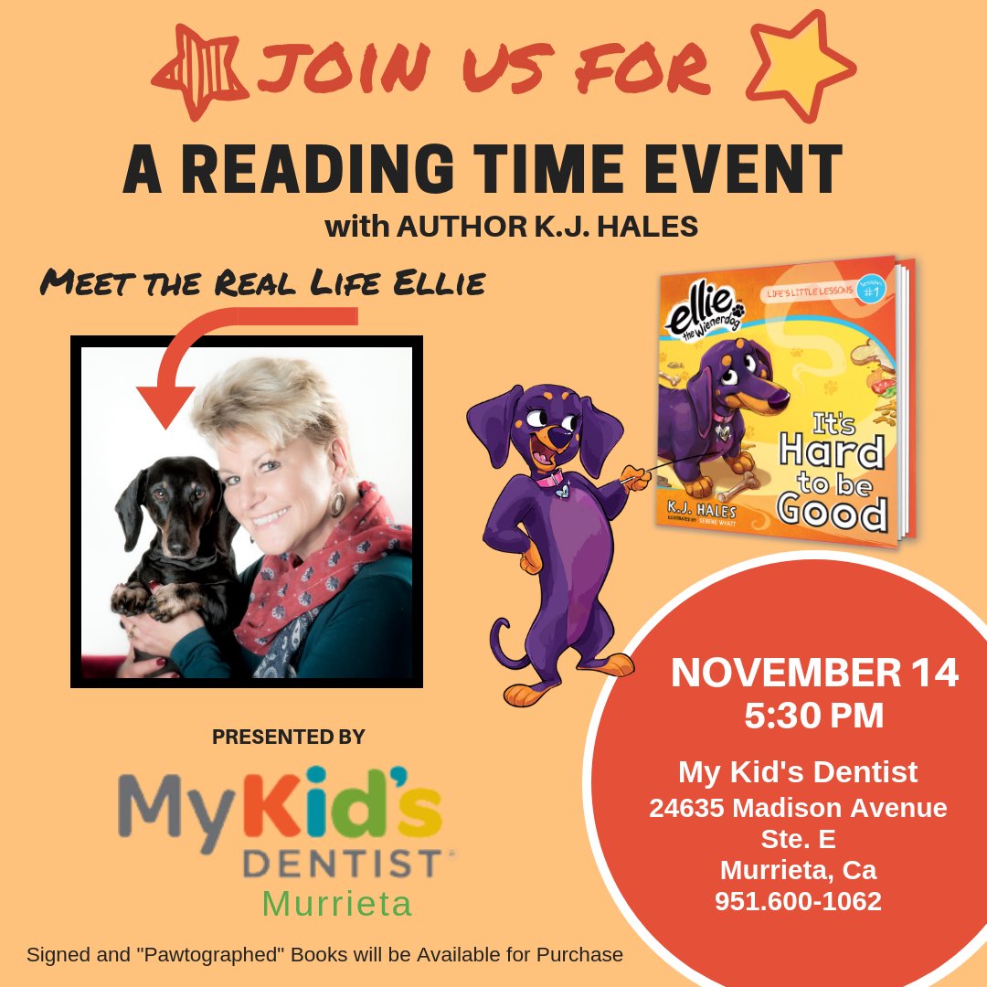 Come meet author K.J. Hales and the real life Ellie the Wienerdog who inspired the award winning children's book series Life's Little Lessons by Ellie the Wienerdog. K.J. will be reading the first book in the series 'It's Hard to be Good.'
#kjhalesauthor
#elliethewienerdog