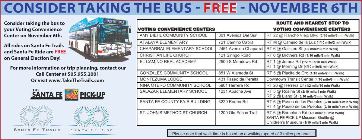 SantaFeMPO's tweet photo. Ride the bus for FREE on General Election Day 2018! https://t.co/u6mzmapn3N