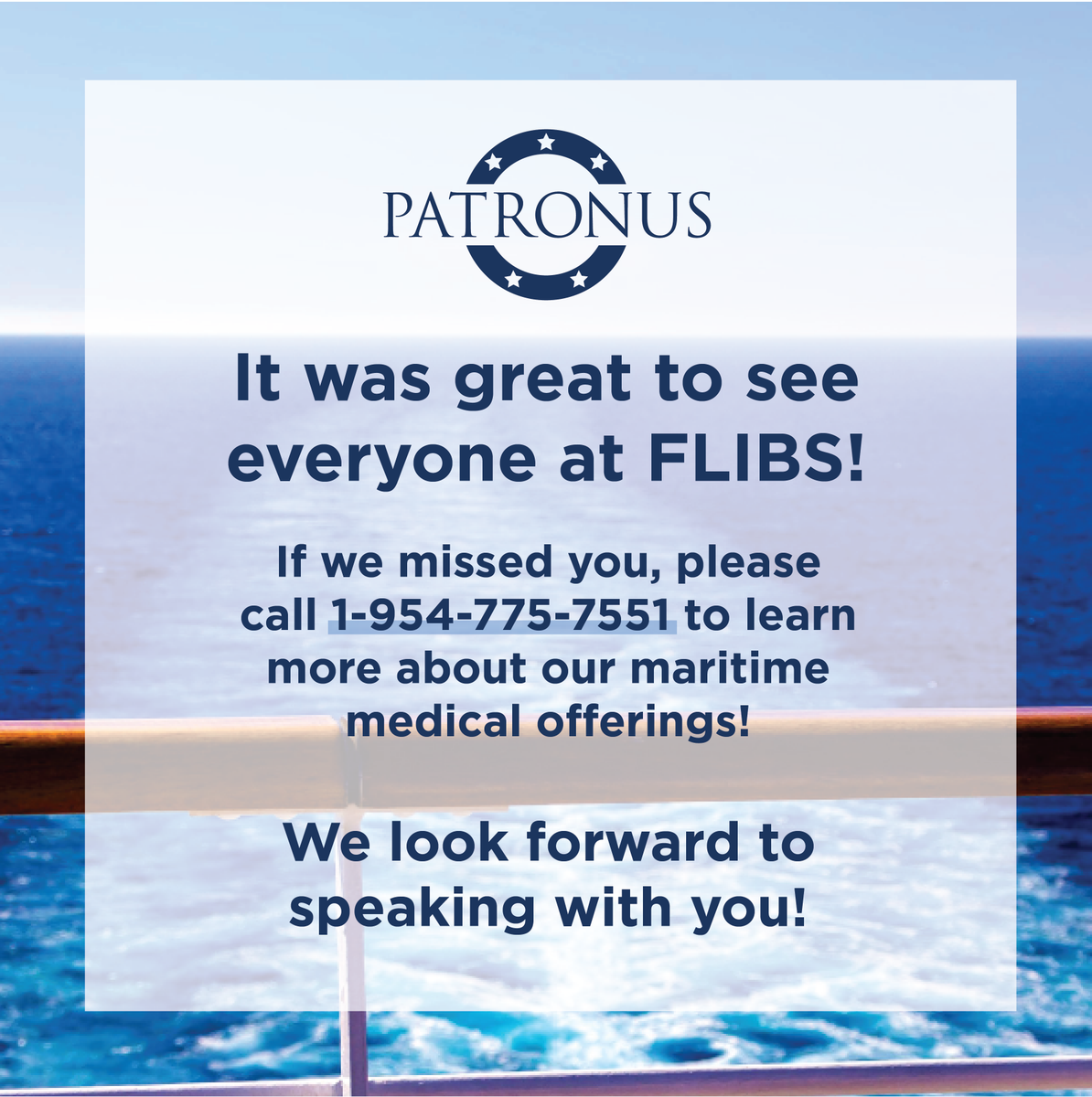 PatronusMed's tweet photo. Visit https://t.co/TBkP0rVLrt to learn more about our Maritime services!
#patronusmedical #patronus #patronusmaritime #maritimemedical#maritimemedicine #FLIBS #fortlauderdaleinternationalboatshow#FLIBS2018 https://t.co/YC75VBDfQx