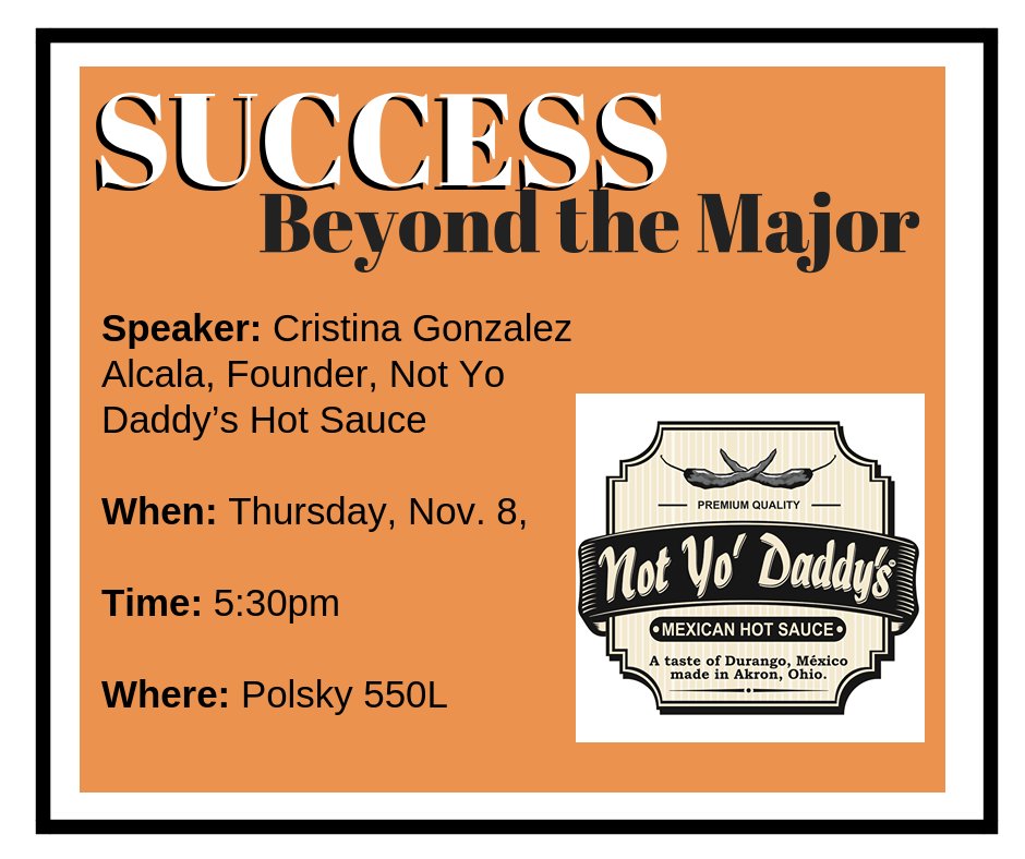 Do you love hot sauce?? If so, then you have probably hear of Akron’s own <a href="/notyodaddys/">Not Yo' Daddy's</a> Mexican Hot Sauce. This Thursday, founder Cristina Gonzalez Alcala will join us to share her thoughts on leadership. Email leadership@uakron.edu by 12pm today to join!