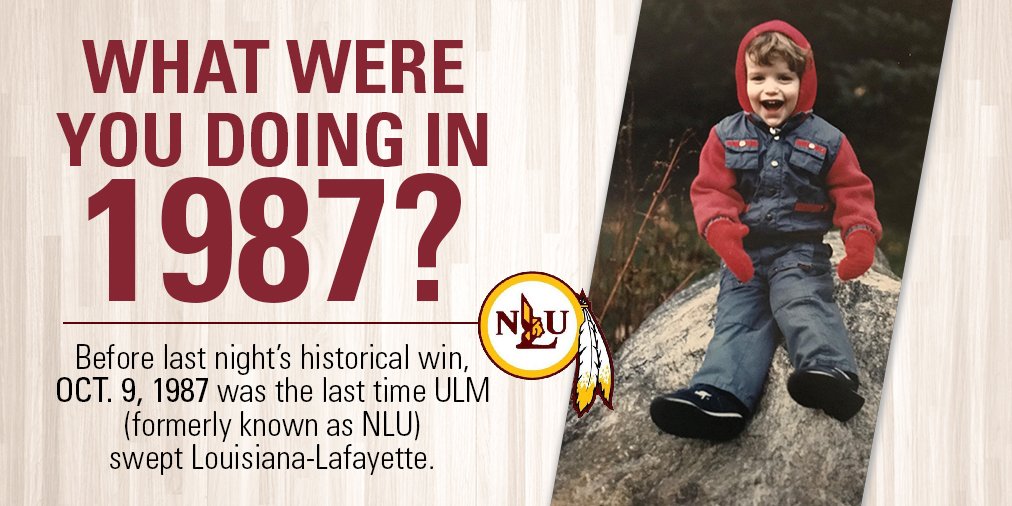 ULM_VB's tweet photo. History was made last night when the ULM Warhawks swept the Ragin' Cajuns for the first time in over 31 years! Check out this picture of head coach @the_Roos_ circa 1987. What were you doing in 1987?! https://t.co/VxkbhpCJRa