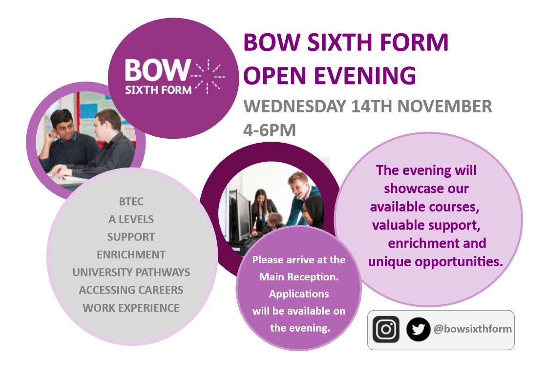 BowSixthForm's tweet photo. Bow Sixth Form Opening Evening
Wednesday 14th November
4-6pm https://t.co/Ss74H72ewk