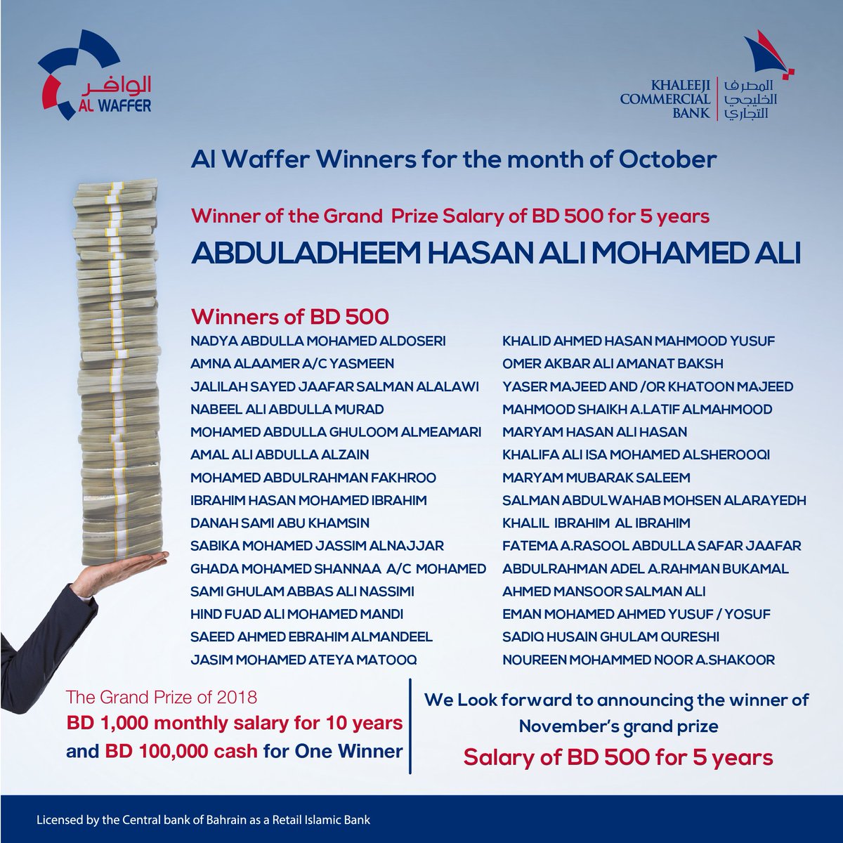 khaleejibank's tweet photo. الفائزين بجوائز الوافر لشهر أكتوبر.
Al Waffer winners for the month of October.
#KhaleejiCommercialBank #KHCB #AlWaffer #winners #prizes #Bahrain https://t.co/YXQgDqwMEq