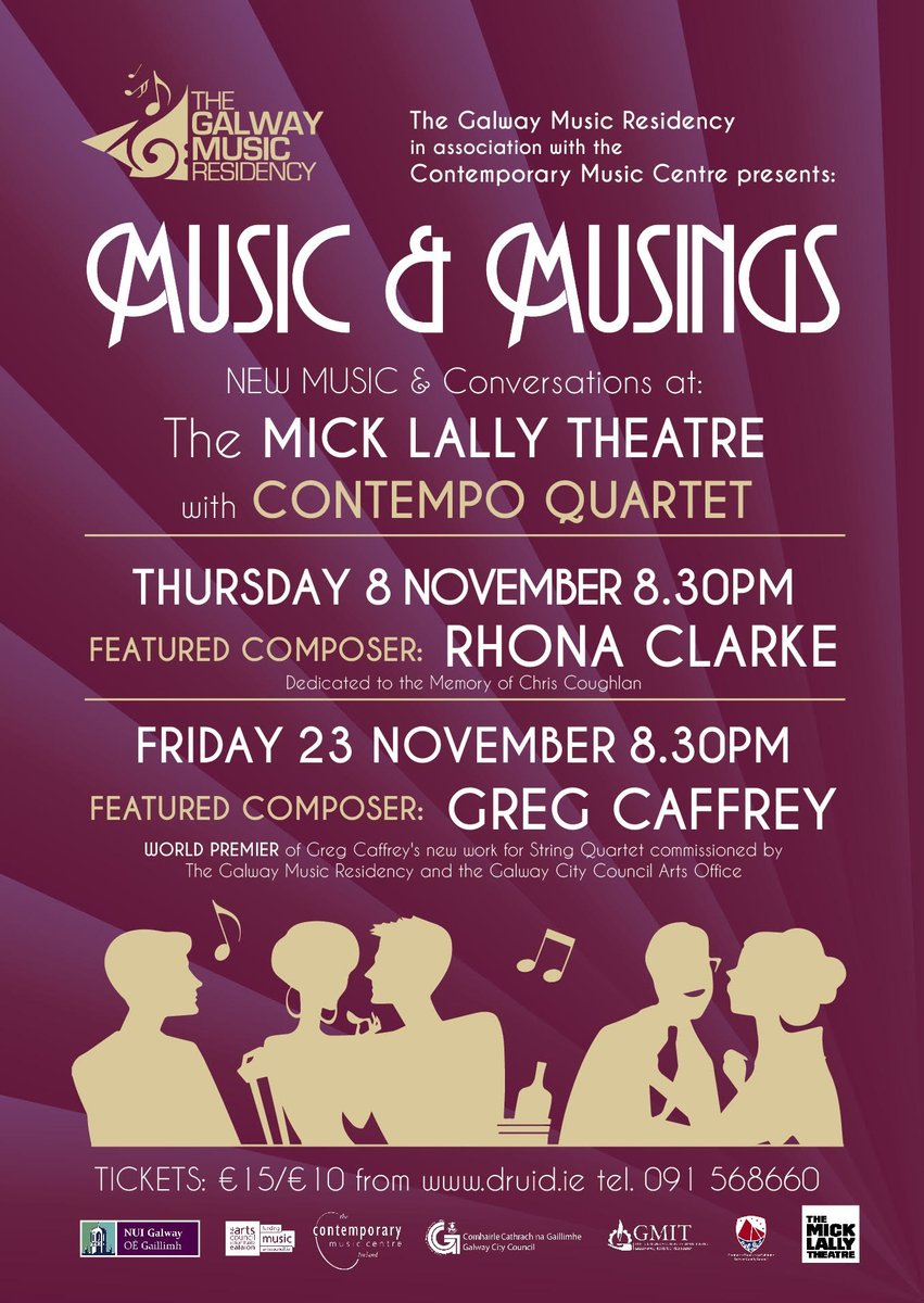 .@GalwayMusicRes & CMC's Music & Musings concert at 8:30pm @mlallytheatre on Thurs., 8th November will feature 'Pas de Quatre' & 'Edge' by @Rhonaclarke11 performed by @GalwayConTempo1 & conversations with Rhona, Marie Hanlon, Jane O'Leary & the Quartet: bit.ly/2ALQxGj
